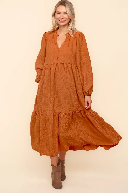 PUMPKIN BABYDOLL WOVEN MAXI DRESS WITH SIDE POCKETS Trendy Maxi Dress with Straps