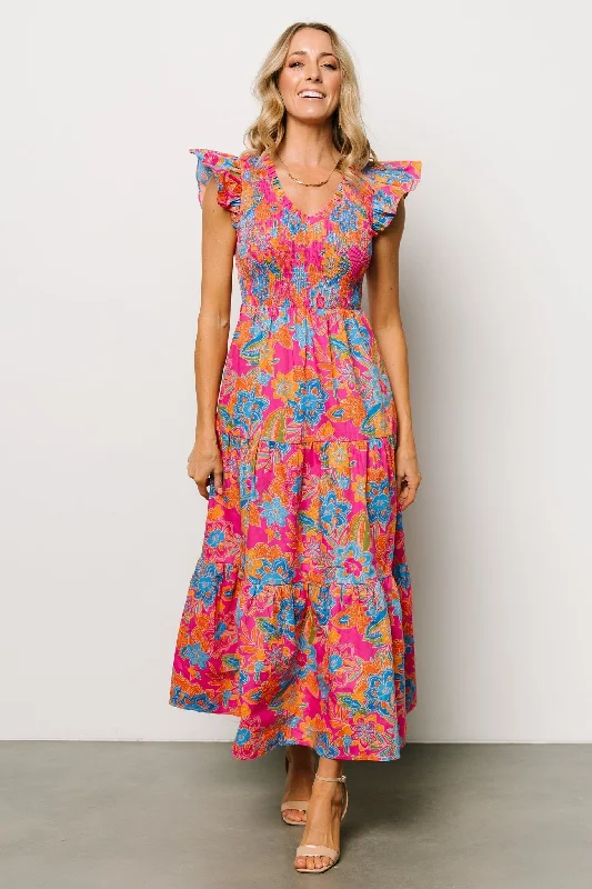 Ranchero Smocked Maxi Dress | Pink Multi Chic Button-Up Maxi Dress