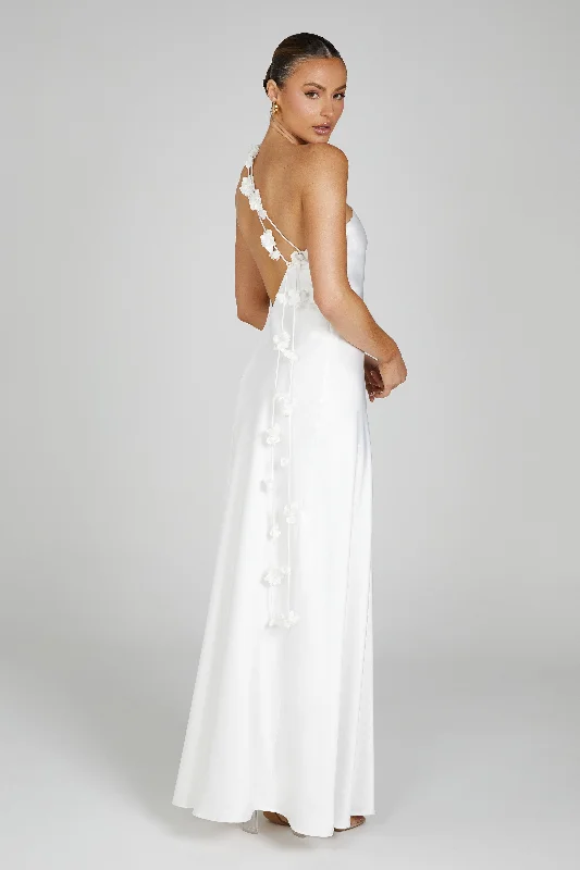 Rebecca One Shoulder Rose Maxi Dress - White Stylish Longline Maxi Dress