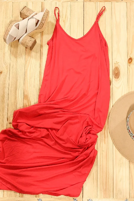 Red Pocketed Maxi Dress (1-2-0) Elegant Maxi Dress with Pockets