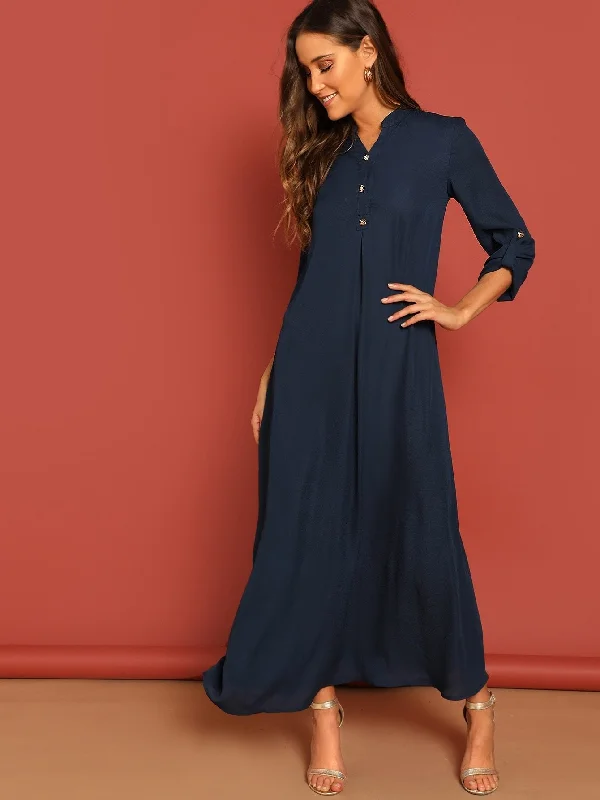 Rolled Tab Sleeve Button Front Maxi Dress Fashionable Halter Neck Maxi Dress