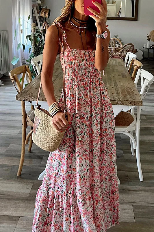 Rubie Satin Printed Strapless Elastic Back Band Maxi Dress Chic Off-Shoulder Maxi Dress