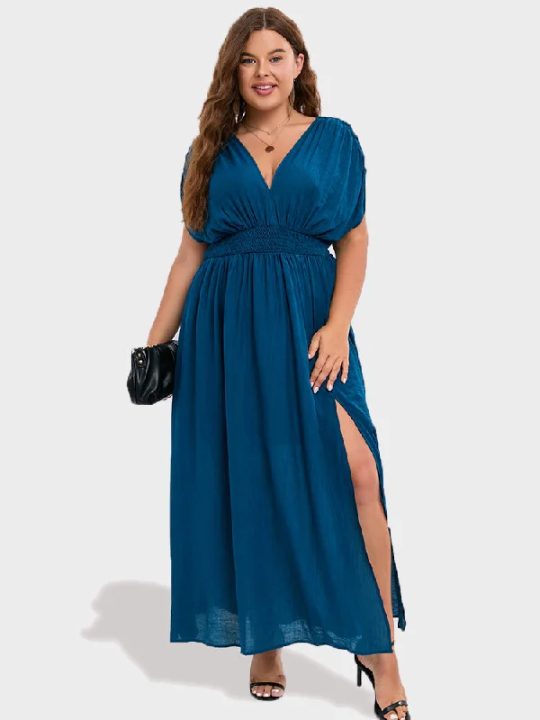 V-Neck Dolman Sleeve Ruched Split Pocket Maxi Dress Comfortable Flowy Maxi Dress