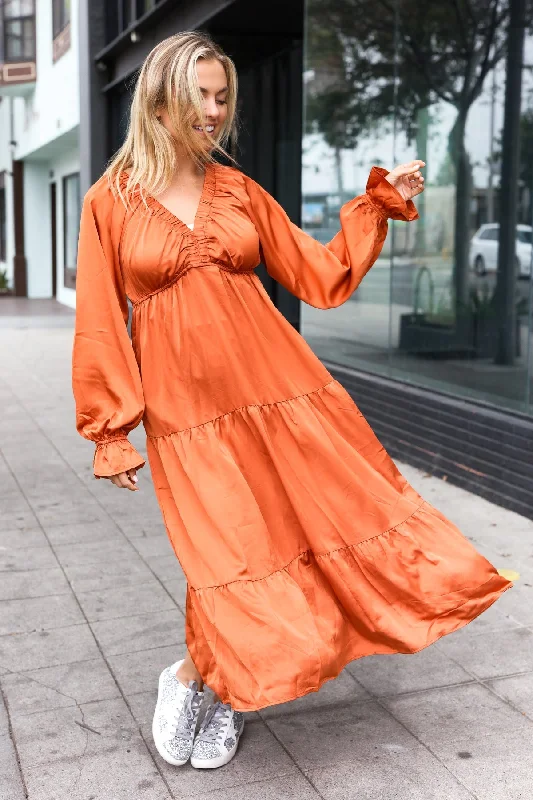 Elegant Rust Elastic V Neck Tiered Satin Maxi Dress (Open Pack) Trendy Fit-and-Flare Maxi Dress Elegant Rust Elastic V Neck Tiered Satin Maxi Dress (Open Pack) Trendy Fit-and-Flare Maxi Dress