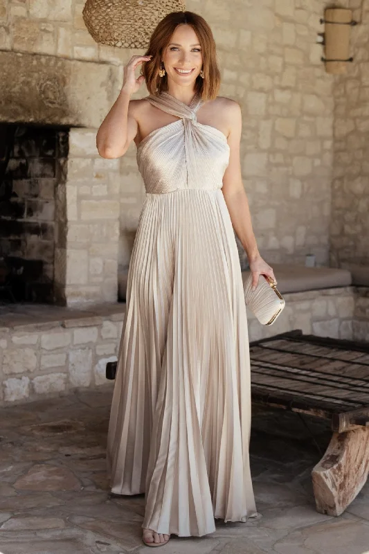 Sandra Pleated Maxi Dress | Champagne Comfortable T-Shirt Maxi Dress