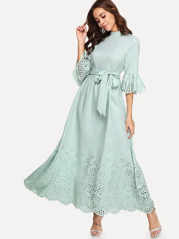 Scalloped Laser Cut Self Belted Maxi Dress Comfortable Casual Maxi Dress
