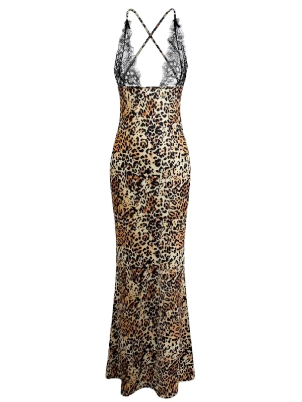 A&A Lace And Leopard Print Maxi Dress Elegant Wraparound Maxi Dress