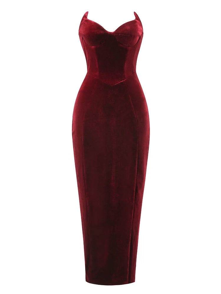 A&A Strapless V Neck Velvet Maxi Dress Casual Maxi Dress with Pockets