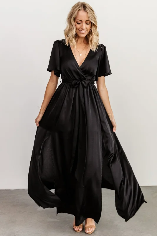 Sicily Satin Maxi Dress | Black Comfortable Bohemian Maxi Dress