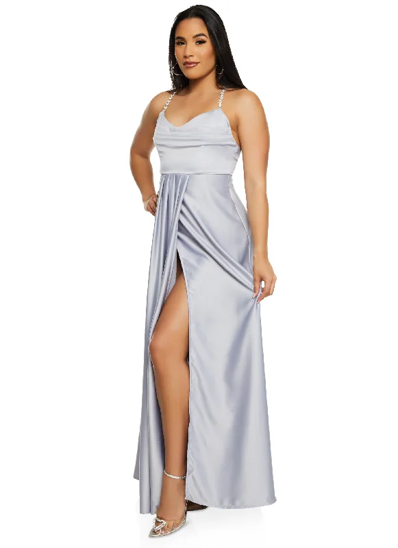 Haute Monde Rhinestone Strap Satin Maxi Dress Trendy Maxi Dress with Bow