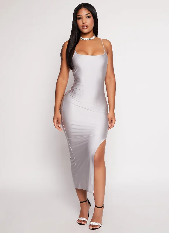 Thin Strap Side Slit Bodycon Maxi Dress Comfortable Ruffle Maxi Dress