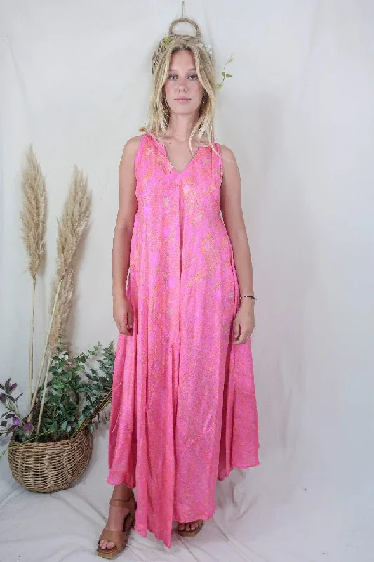 Siren Maxi Dress - Barbara Pink Paisley Maze - Vintage Indian Silk - M/L Trendy Off-Shoulder Ruffle Maxi Dress