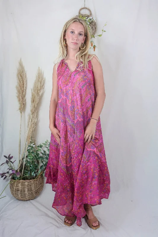 Siren Maxi Dress - Fuchsia and Ochre Intricate Ikat- Vintage Indian Silk - M/L Cozy Maxi Dress with Slit