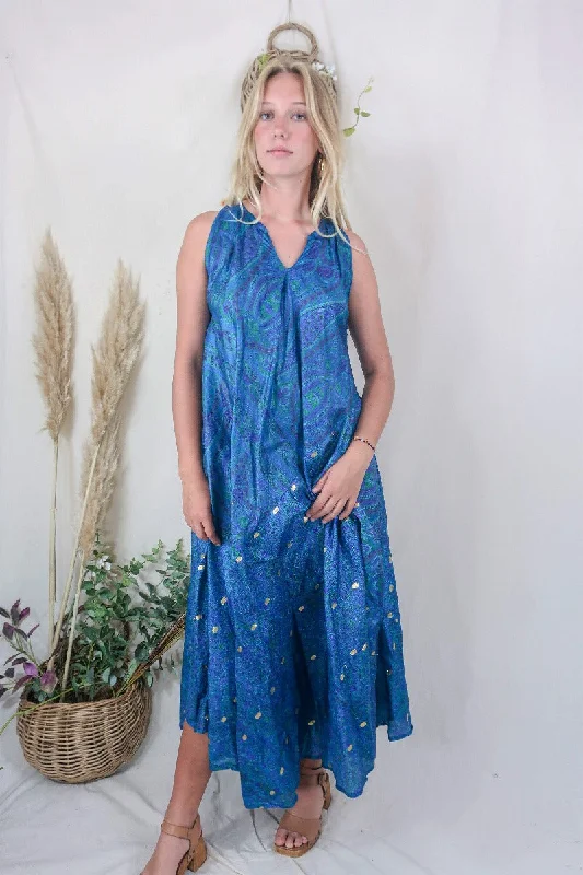 Siren Maxi Dress - Golden Treasure, Ocean Teal and Seagrass Green Intricate Paisley - Vintage Indian Silk - M/L Stylish V-Neck Maxi Dress