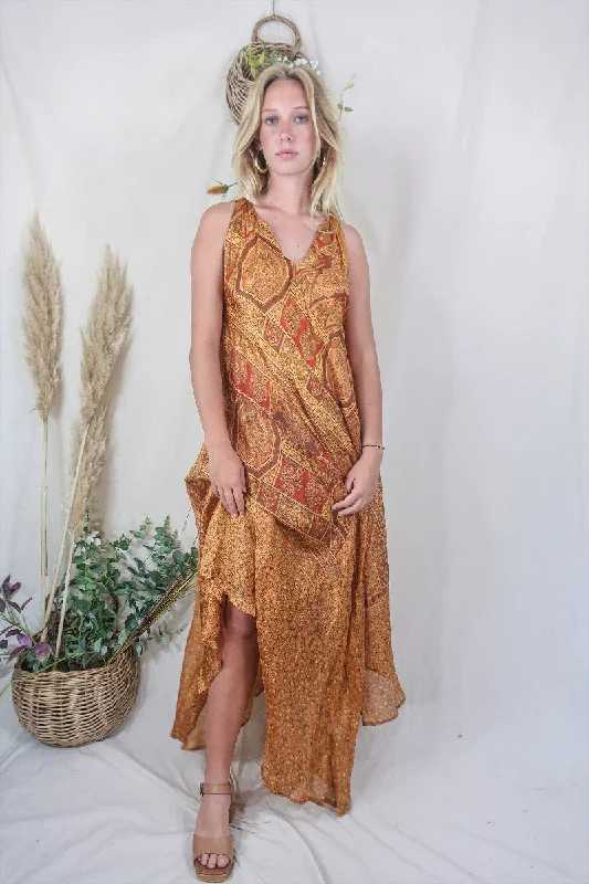 Siren Maxi Dress - Honey Suckle and Cinnamon Ornate Motif - Vintage Indian Silk - M/L Stylish Longline Maxi Dress