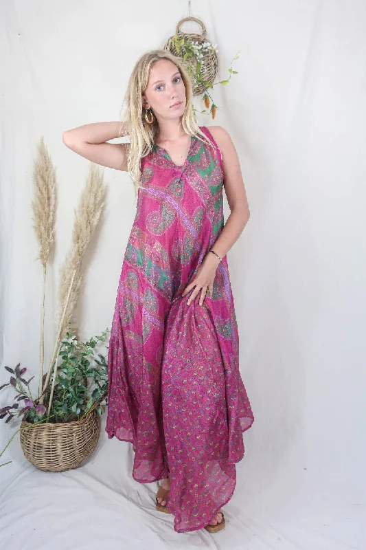 Siren Maxi Dress - Magenta and Moss Chevron Paisley - Vintage Indian Silk - M/L Comfortable Bohemian Maxi Dress