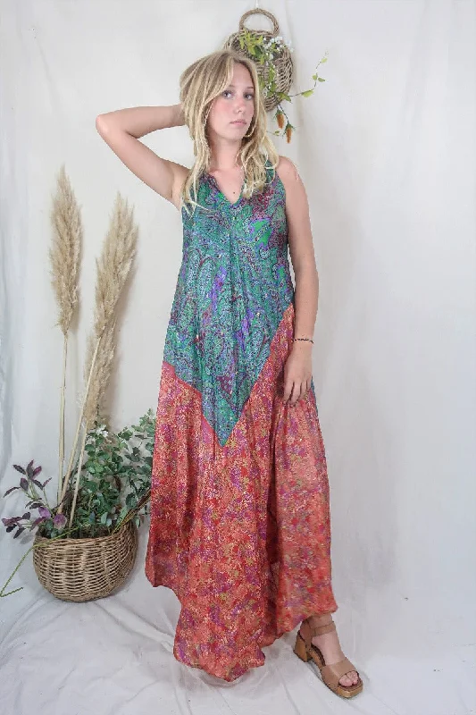 Siren Maxi Dress - Paprika and Parakeet Paisley Forrest - Vintage Indian Silk - M/L Fashionable Maxi Dress with Fringe