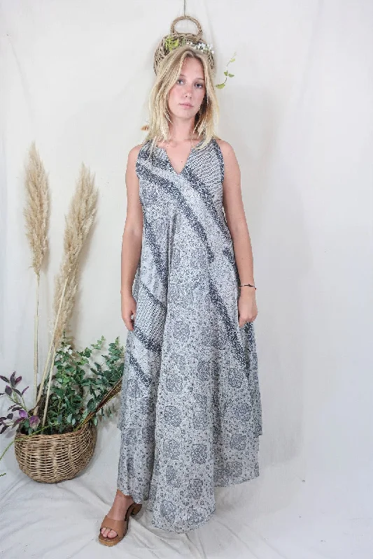 Siren Maxi Dress -  Slate and Ice Mandala Motif - Vintage Indian Silk - M/L Trendy Maxi Dress with Straps