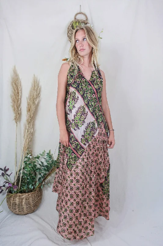 Siren Maxi Dress - Taupe and Midnight Block Print Floral Ikat - Vintage Indian Silk - M/L Comfortable Fitted Maxi Dress