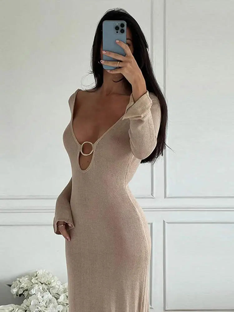 A&A Deep V Neck Long Sleeve Backless Knitted Maxi Dress Comfortable Maxi Dress with Sleeves