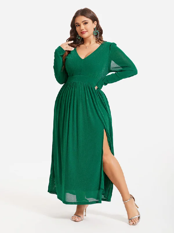 Elastic Waist Split Ruched Glitter Maxi Dress Trendy Floral Print Maxi Dress