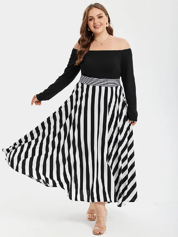 Striped Print Off Shoulder Elastic Waist High Low Maxi Dress Comfortable Maxi Dress with Belt Striped Print Off Shoulder Elastic Waist High Low Maxi Dress Comfortable Maxi Dress with Belt