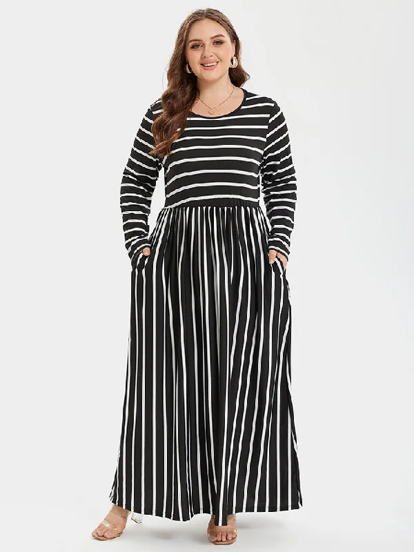 Striped Print Round Neck Pocket Maxi Dress Stylish Button-Up Maxi Dress