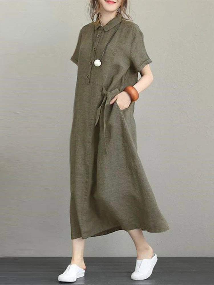 DressBetty - 2024 Summer Cotton Linen Vintage Casual Loose Mid-length Maxi Dress Cozy Maxi Dress with Slit