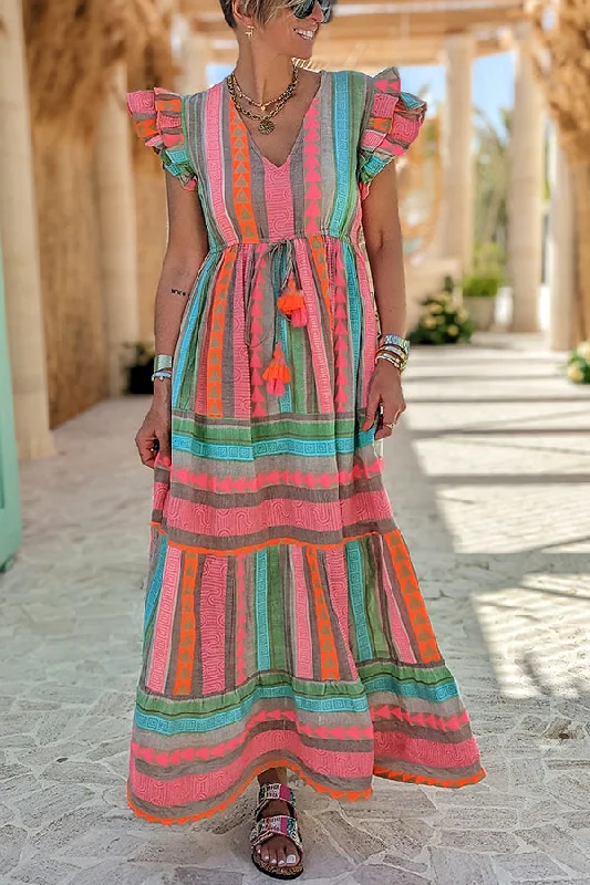 Sunlit Magic Linen Blend Ethnic Print Ruffle Sleeve Tassel Maxi Dress Trendy Fit-and-Flare Maxi Dress