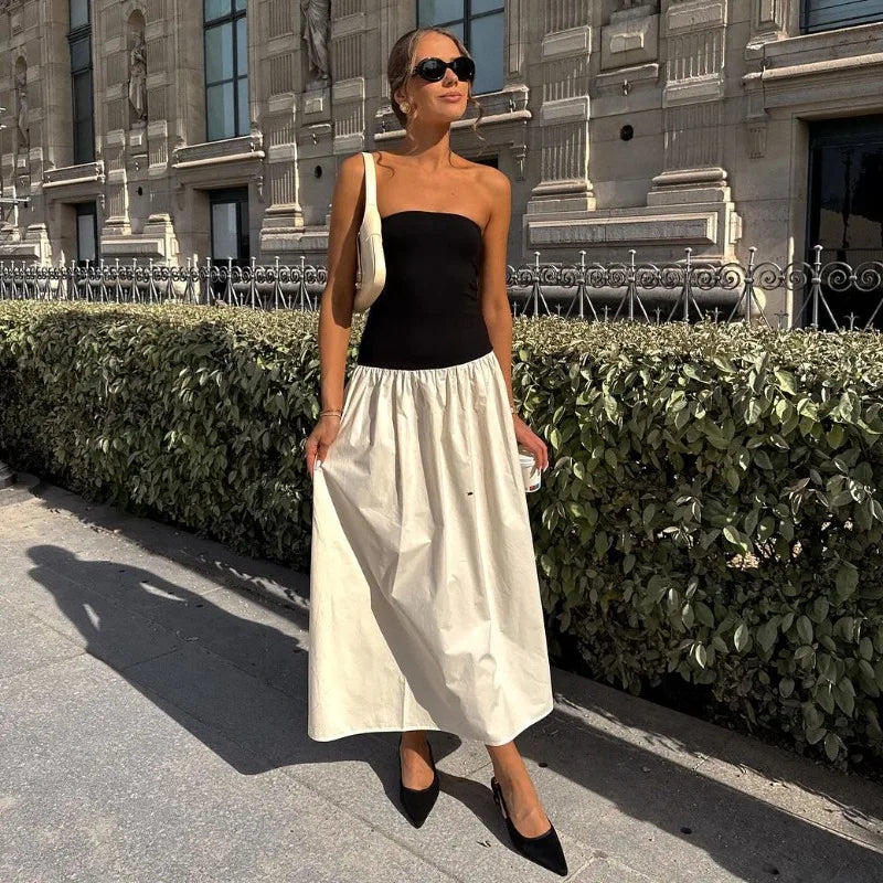 A&A Monochrome Summer Strapless Maxi Dress Comfortable Fit-and-Flare Maxi Dress