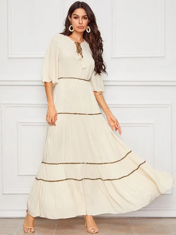 Tassel Tie Neck Floral Tape Detail Crepe Maxi Dress Trendy Satin Maxi Dress