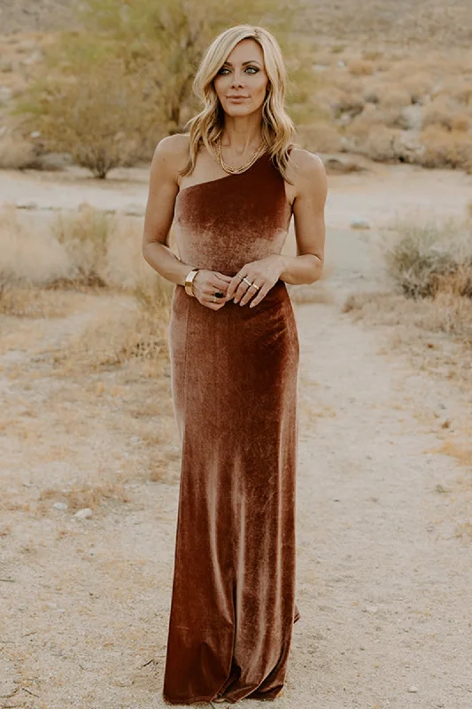 Tatiana Velvet One Shoulder Maxi Dress | Bronze Elegant Wraparound Maxi Dress
