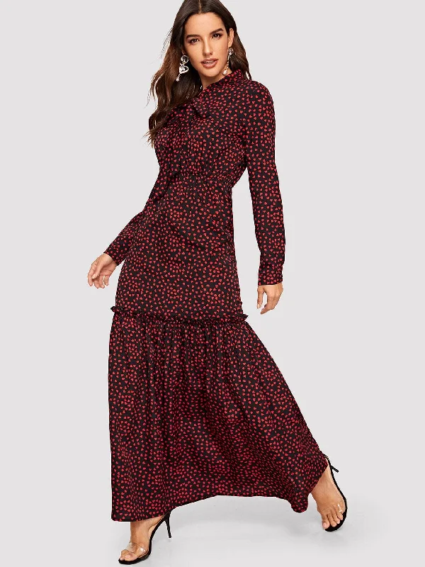 Tie Neck Love Print Frill Trim Maxi Dress Fashionable Chiffon Tiered Maxi Dress
