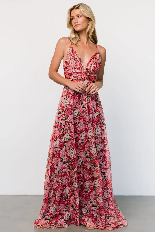 Tora Cross Back Maxi Dress | Black + Red Floral Chic Boho Print Maxi Dress
