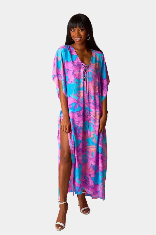 Tortolla Caftan Maxi Dress - Electro Pop Trendy Short Sleeve Maxi Dress