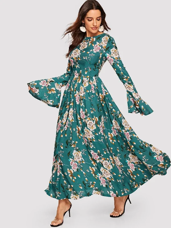 Trumpet Sleeve Floral Maxi Dress Elegant Maxi Dress with Drapes