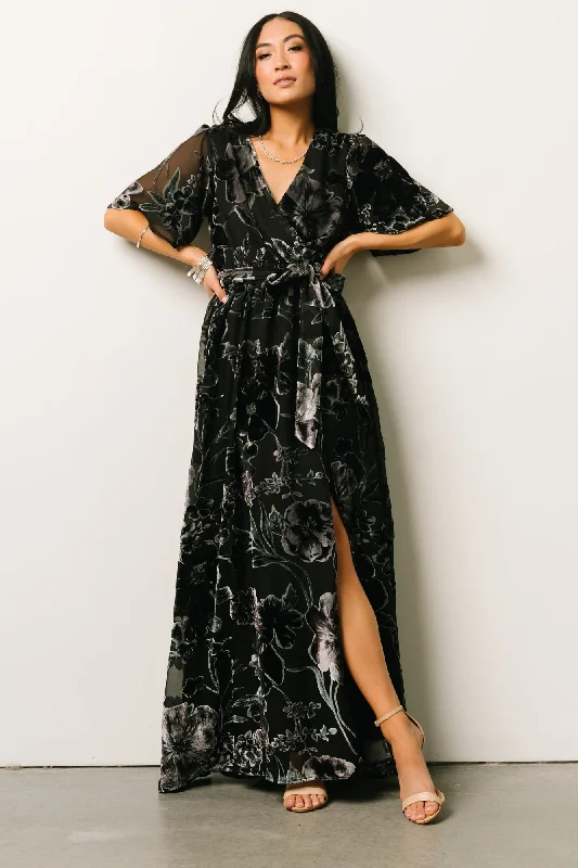 Uma Velvet Maxi Dress | Black + Silver Floral Comfortable Ruffle Hem Maxi Dress