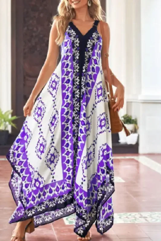 V-Neck Casual Loose Retro Print Vacation Sleeveless Maxi Dress Comfortable T-Shirt Maxi Dress