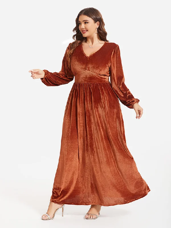 Lantern Sleeve Ruched Velvet Maxi Dress Cozy Open-Back Maxi Dress