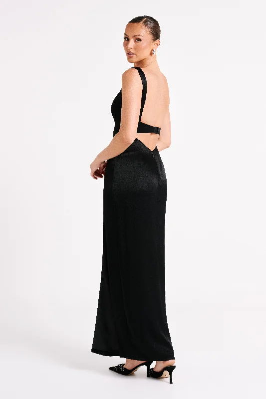 Verana Backless Satin Maxi Dress - Black Elegant Boho Maxi Dress