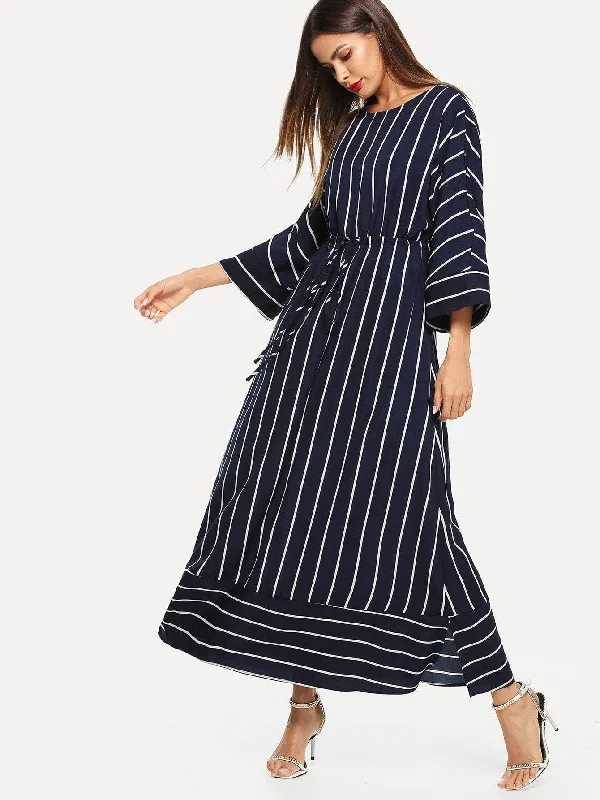 Vertical Striped Drawstring Waist Maxi Dress Elegant Wraparound Maxi Dress