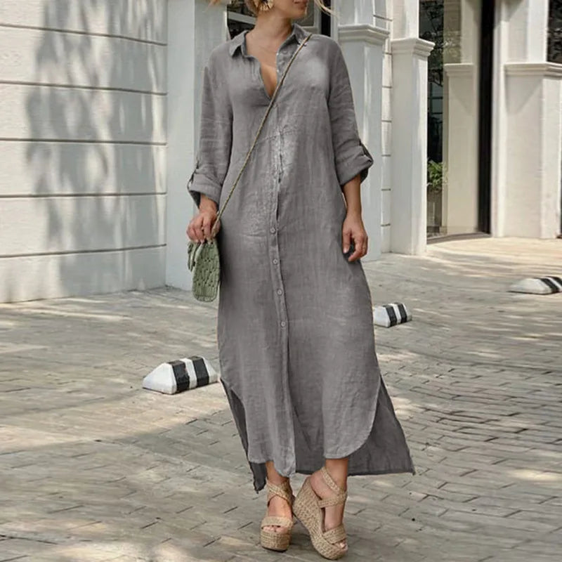 DressBetty - 2024 Vintage Solid Tunicas Lapel Button Up Boho Maxi Dress Fashionable Asymmetrical Maxi Dress