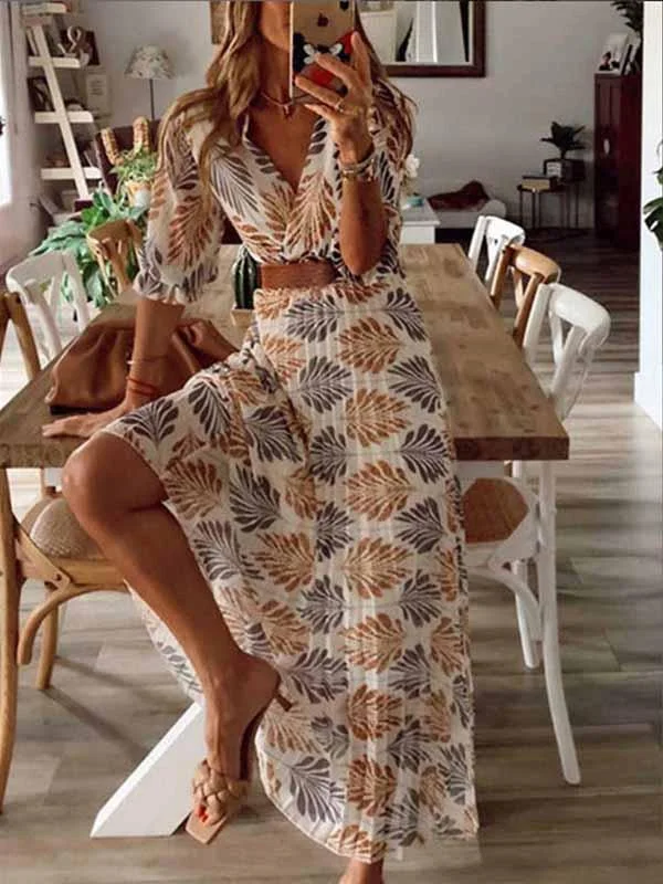 iForgirls V-Neck Printed Maxi Dress Elegant Lace-Up Maxi Dress