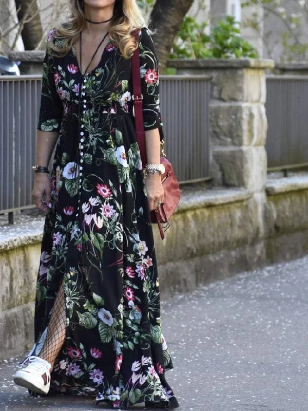 Waist Button Through Floral Maxi Dress Trendy A-Line Maxi Dress