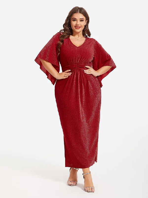 Flare Sleeve Ruched Waist Glitter Maxi Dress Classic Solid Maxi Dress
