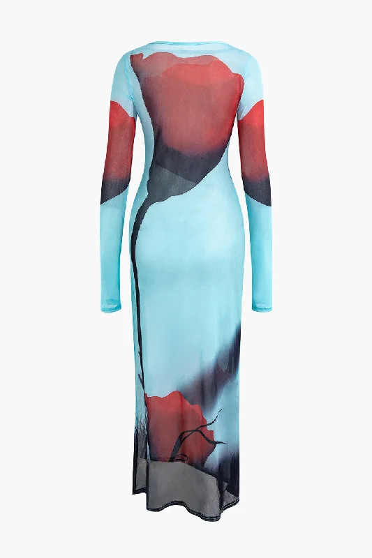 A&A Rose Print Mesh Maxi Dress Trendy Maxi Dress with Lace