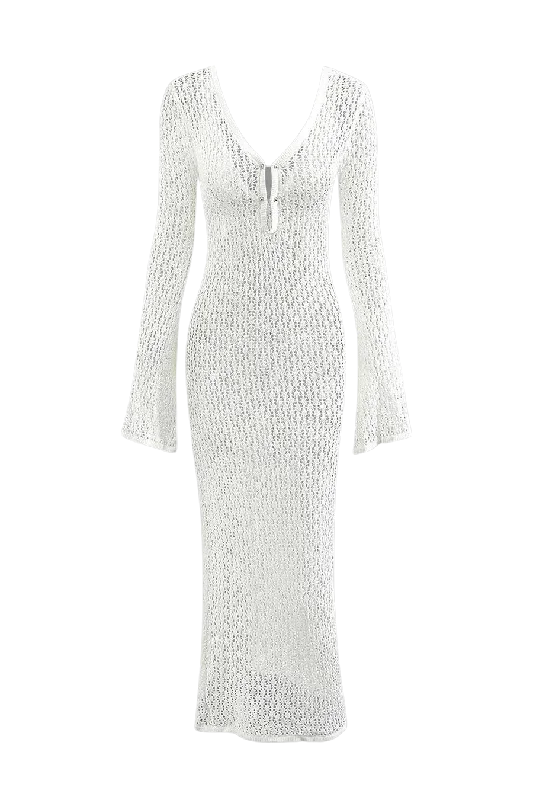 A&A V neck Flare Long sleeved Knitted Maxi Dress Cozy Wrap Maxi Dress