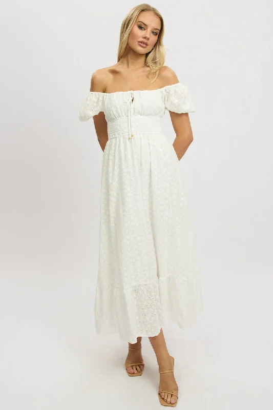 White Maxi Dress Puff Sleeve Eyelet Fabric Comfortable Plunging Neckline Maxi Dress