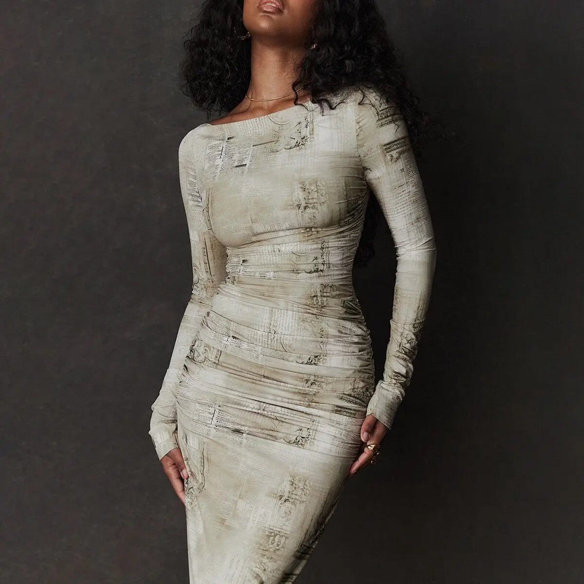 A&A Elegant Long Sleeve Print Slit Bodycon Maxi Dress Trendy Satin Maxi Dress