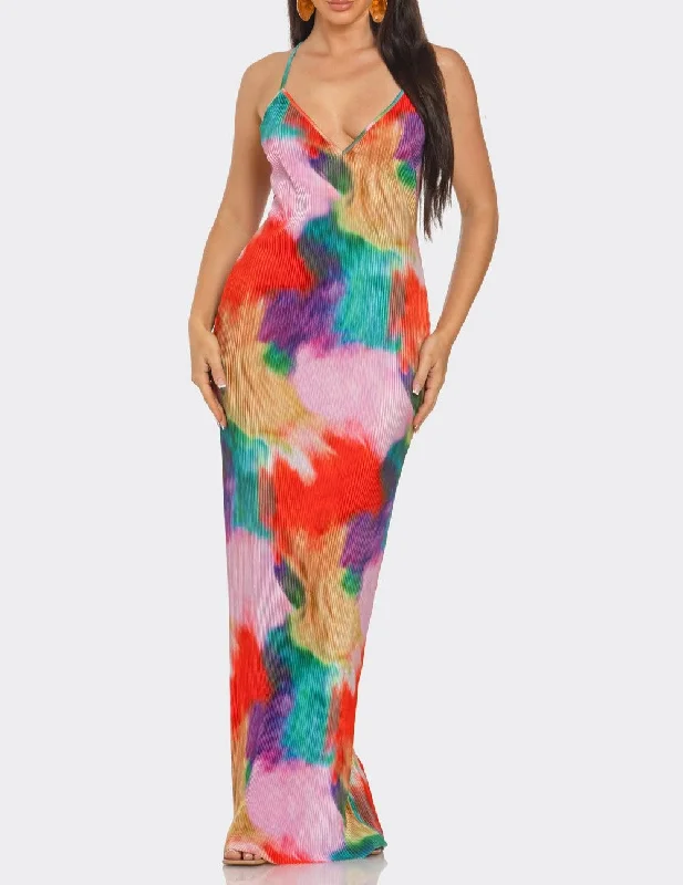 Women's Color Pleated Maxi Dress - BAJBCCD13391 Fashionable Printed Maxi Dress